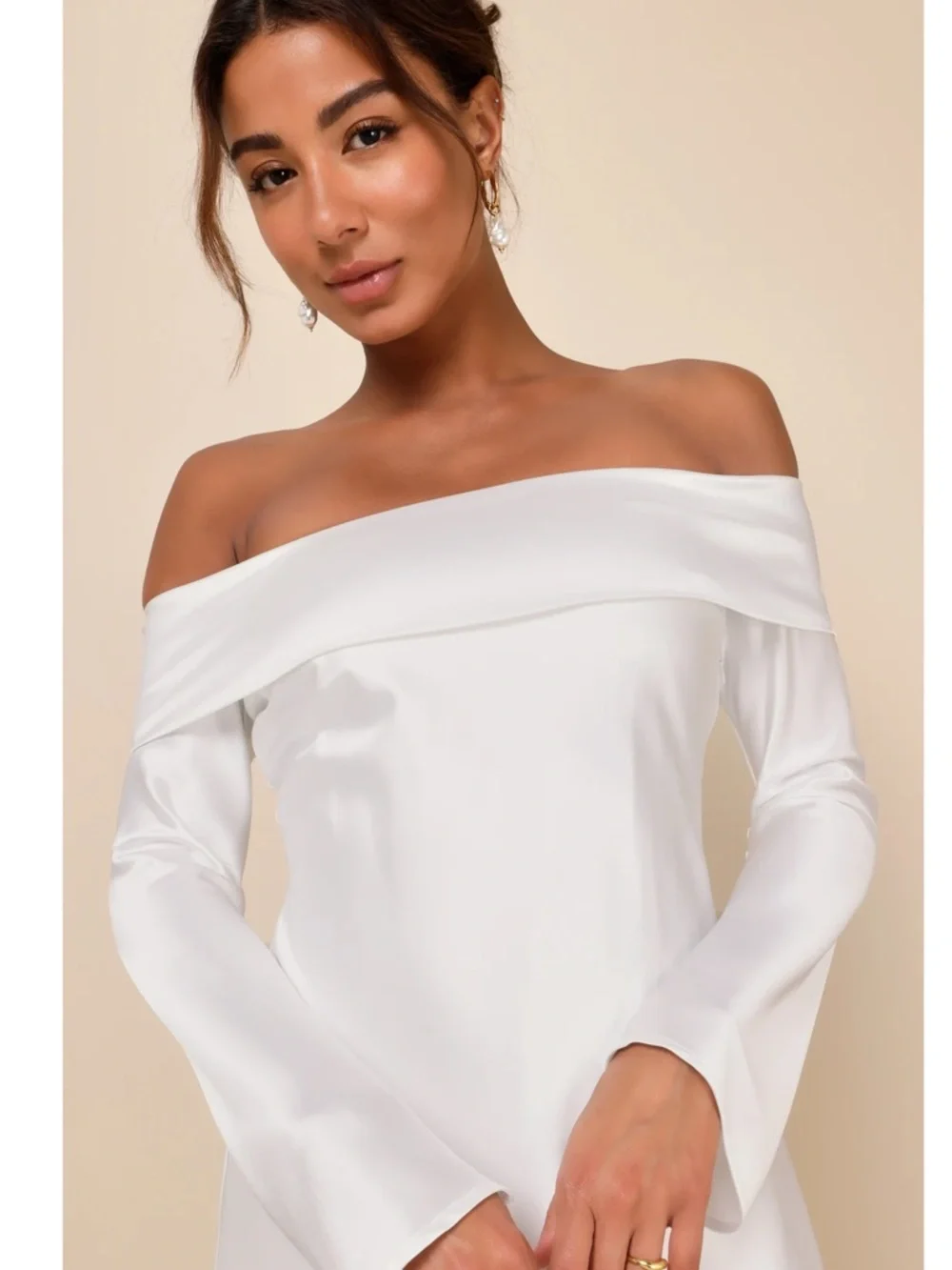 NWT Lulu’s Luxurious Vision White Satin Off-the-Shoulder Mini Dress Extra Large
